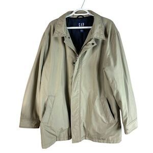 Gap Trench Coat Jacket Mens Large Beige Full Zip‎ Snap Polyester Lined Pockets